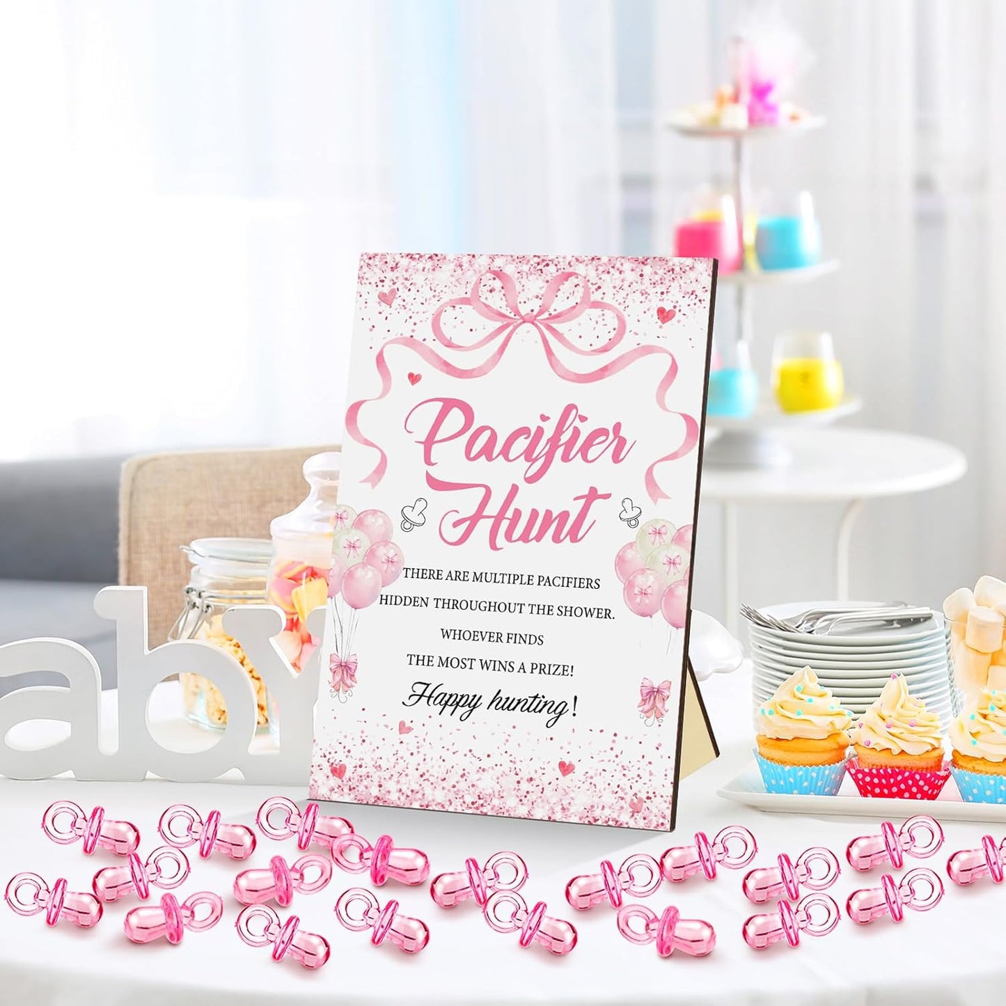 Thyle 51 Pcs Pacifier Hunt Baby Shower Games Include Hunt Sign and 50 Acrylic Pacifiers for Baby Shower Game Decoration Gift Sets Gender Reveal Party Decor(Pink Bow)