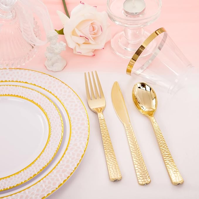 Ciaell 150PCS Pink Plastic Plates – Disposable Pink and Gold Plates Set include 50Plates, 25Forks, 25Knives, 25Spoons, 25Cups for Wedding & Party & Easter