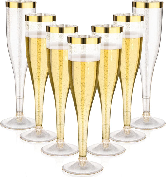 Goodluck 48 Pack 6.5 oz Plastic Gold Glitter Champagne Flutes with Gold Rim, Disposable Champagne Toasting Glasses for Wedding, Engagement, Party, Mimosa Bar