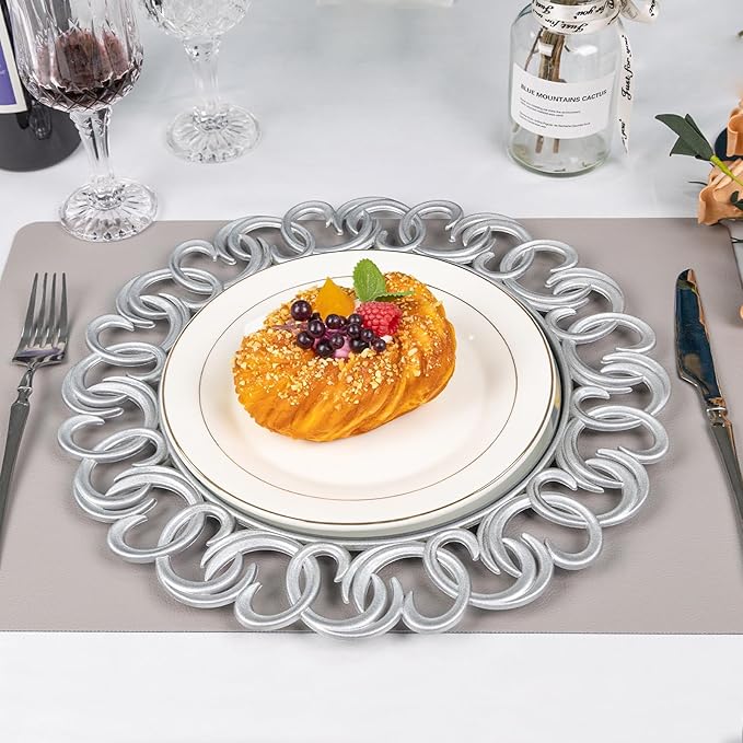 MAONAME 13" Silver Charger Plates Set of 6, Mirror Charger for Dinner Plates, Plastic Plate Chargers with Entwined Swirl Rim, Round Chargers for Table Setting, Wedding