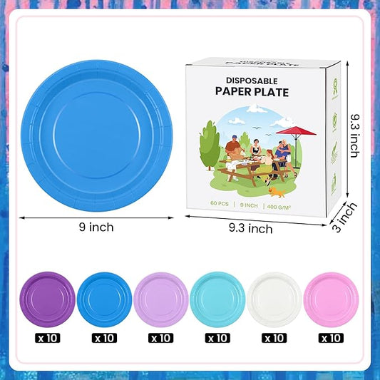 Kochorie 60 Pieces Winter Frozen Paper Plates 9 Inch Blue and Purple Heavy Duty Disposable Dinner Plates, Solid Color, Winter Tableware Set for Birthday Bridal Baby Shower Wedding Party Decor