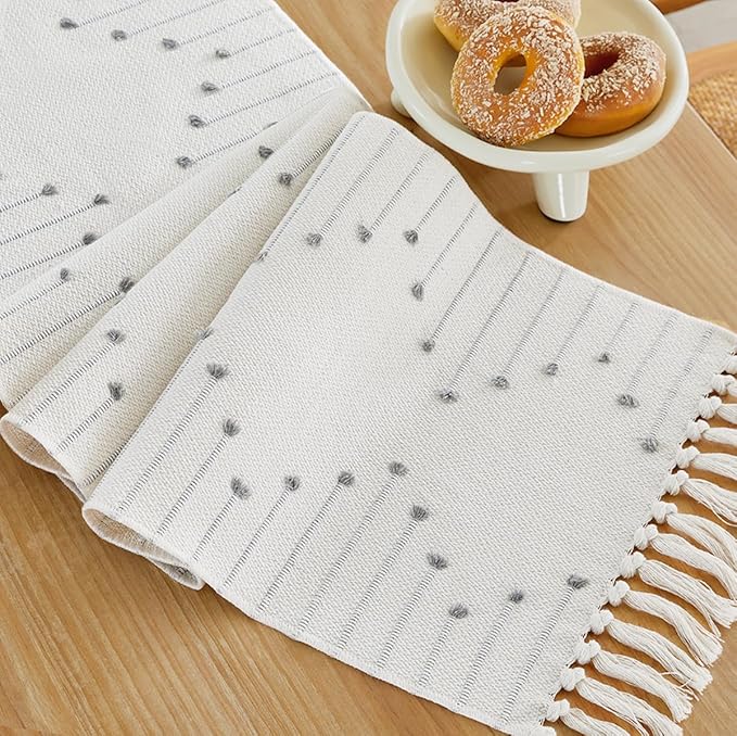 Wracra Boho Table Runner, Natural Cotton Woven Macrame Table Runners 90 Inches Long for Modern Farmhouse Woven Home Decor, 14x90 Inch, Grey