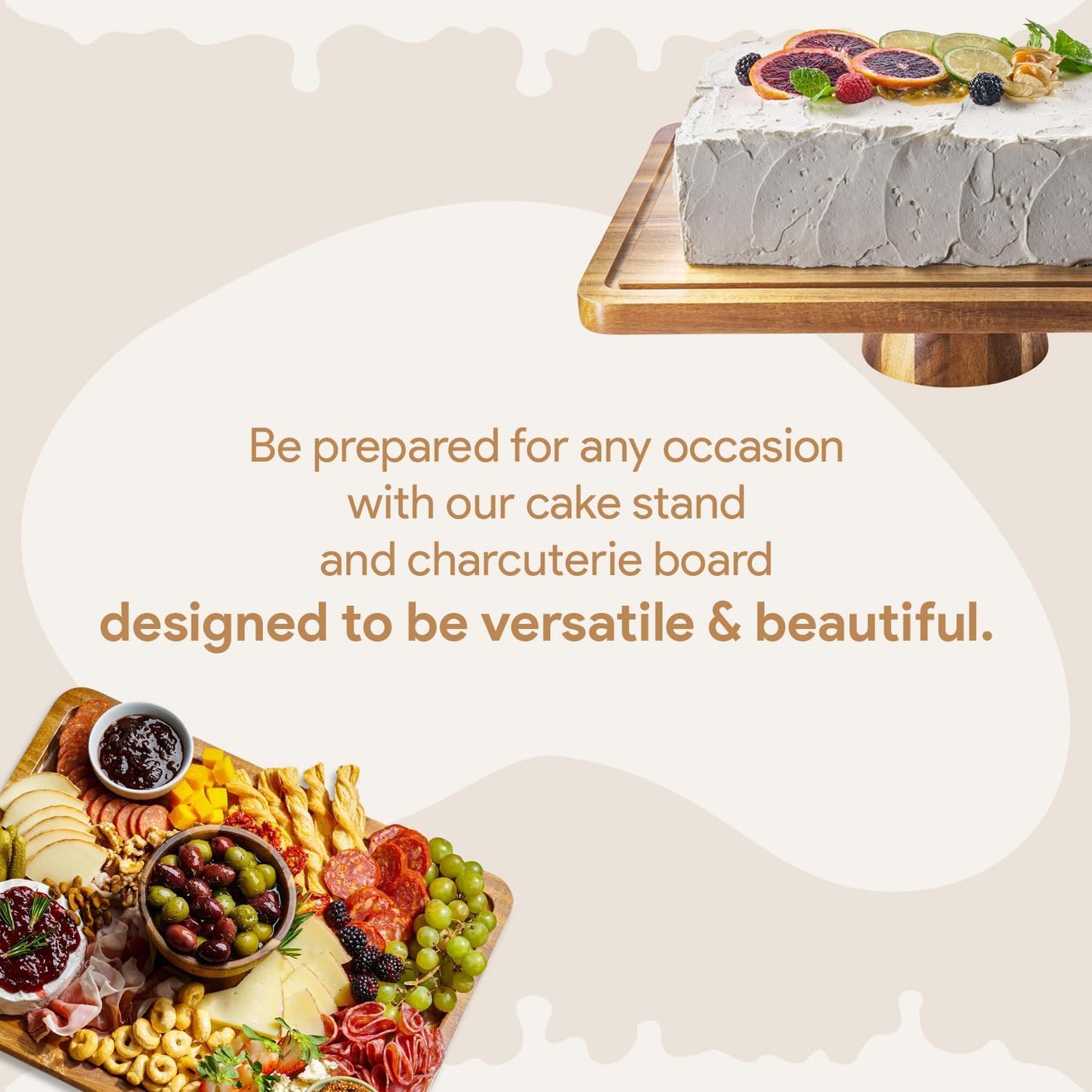 Acacia Wood Cake Stand with Lid - Rectangular Cake Holder, 2-in-1 Dessert Table Display Set & Charcuterie Board for Cheese, Chips, Fruit Platter, Large Acrylic Cake Dome Cover, No Glass