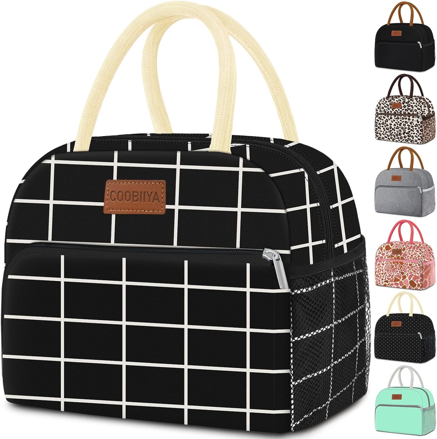 Coobiiya Lunch Bag Women, Lunch Box for Women Adult Men, Small Leakproof Cute Lunch Tote Large Capacity Reusable Insulated Cooler Lunch Container for Work/Office/Picnic/Travel-Black Plaid