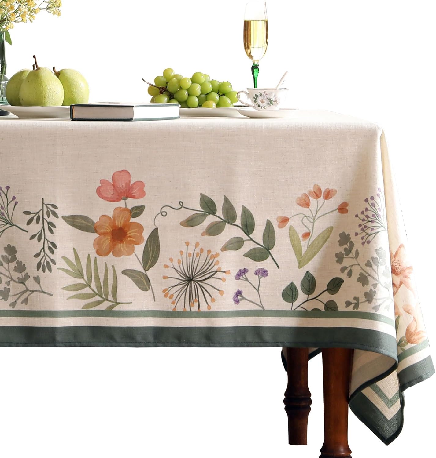 Beige Linen Extra Long Rectangle Tablecloth,Vintage French Shabby Chic Floral Wrinkle Free Table Cloth,Decor Table Cover for Kitchen,Dining,Christmas,Thanksgiving,63"*110"-Manolya