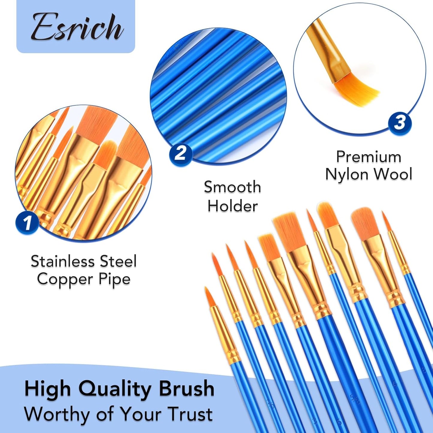 ESRICH Watercolor Brush Set, 24 Packs / 240 Pcs Acrylic Brushes,Nylon Brush Head, for Oil Painting, Gouache, Face,Ceramics etc, Kid's and Adults Painting Arts and Crafts Sets.(Blue)