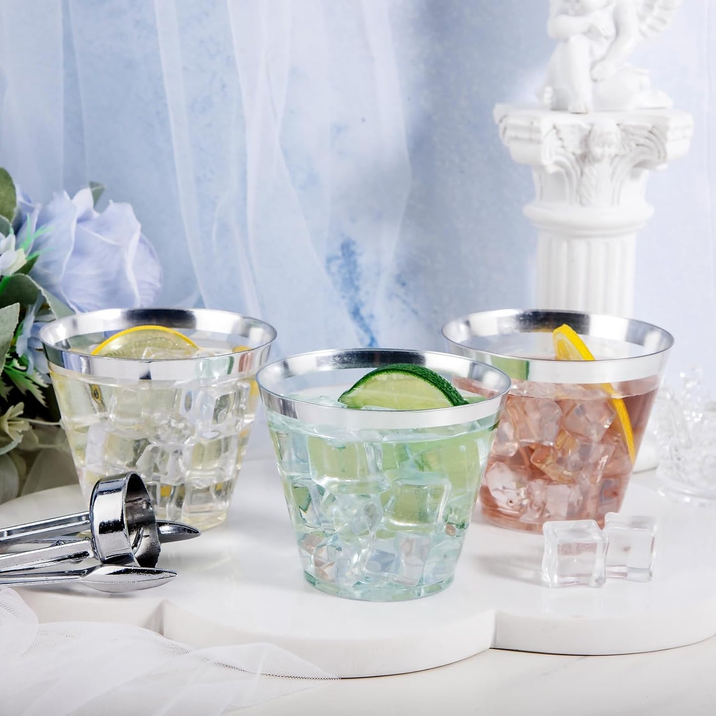 Nervure 120PCS Silver Plastic Cups - 9Oz Silver Rimmed Plastic Cups - Heavy Duty Plastic Cup with Silver Rim Perfect for Weddings, Receptions & Parties