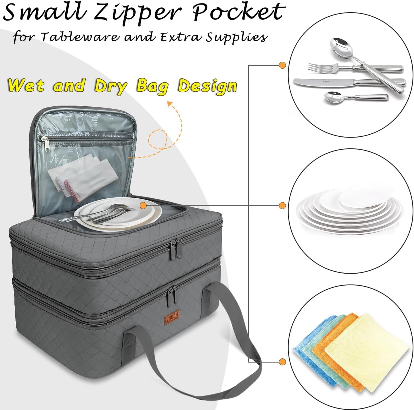 Vuudh Quilted Double Decker Casserole Carrier - Expandable Dish Carrying Case for Hot or Cold Food, Lasagna Holder for Potluck Parties, Picnic, Beach, Fits 9"×13" Baking Dish (Grey)