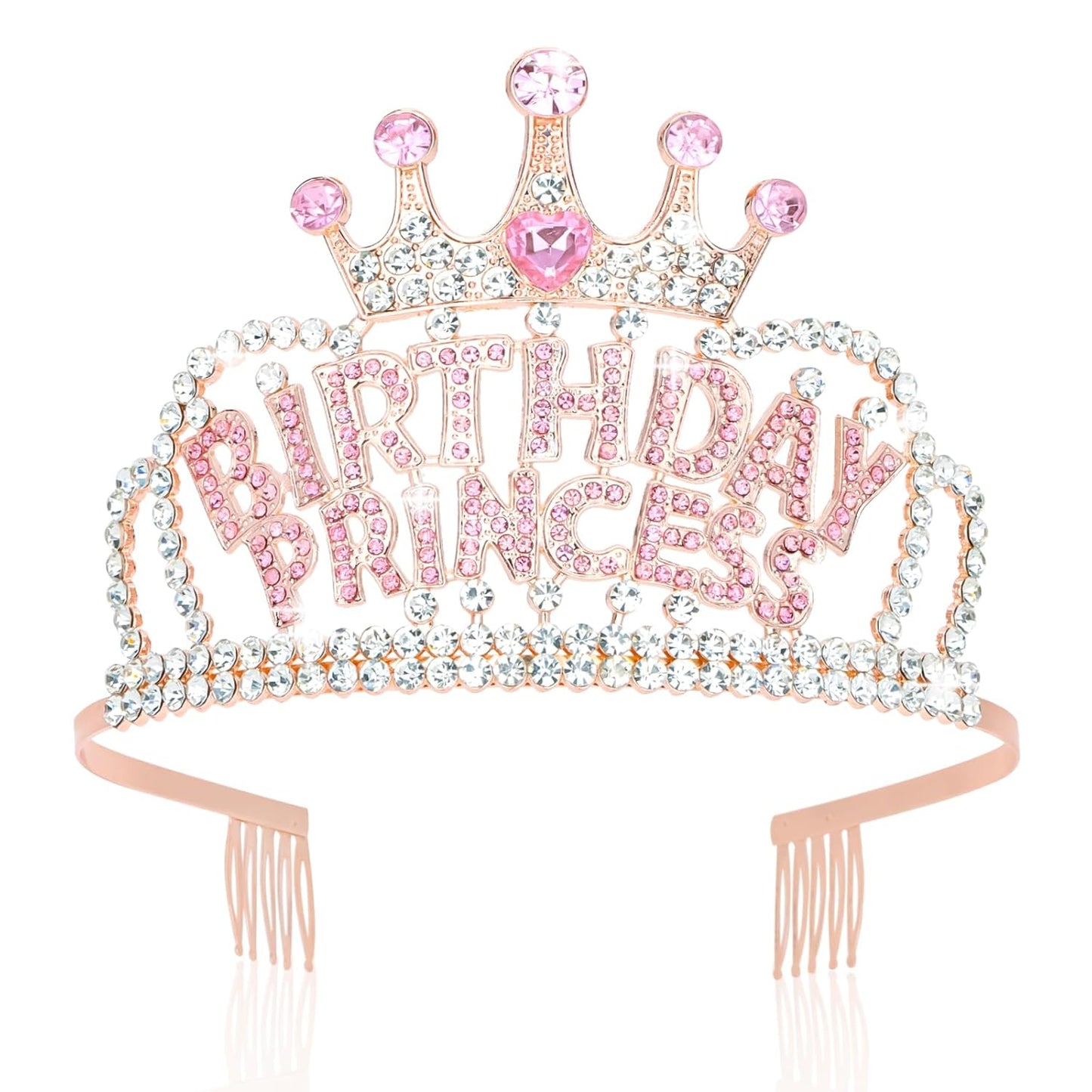 Wecoe Birthday Crown Rose Gold Princess Rhinestone Tiara with Combs Happy Birthday Party Favors Pink Decorations 16th 18th 21st 25th Gifts for Her