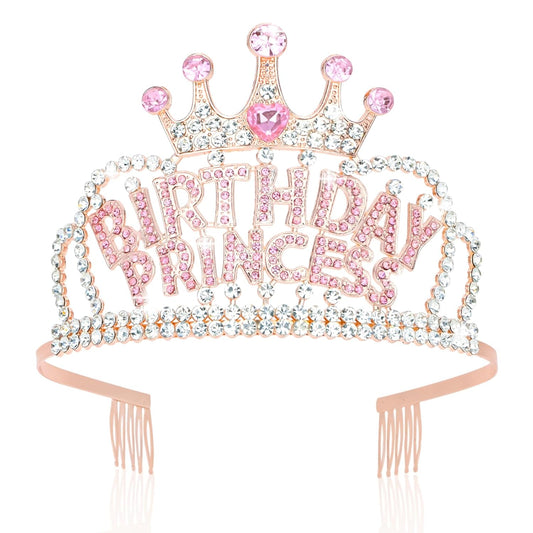Wecoe Birthday Crown Rose Gold Princess Rhinestone Tiara with Combs Happy Birthday Party Favors Pink Decorations 16th 18th 21st 25th Gifts for Her