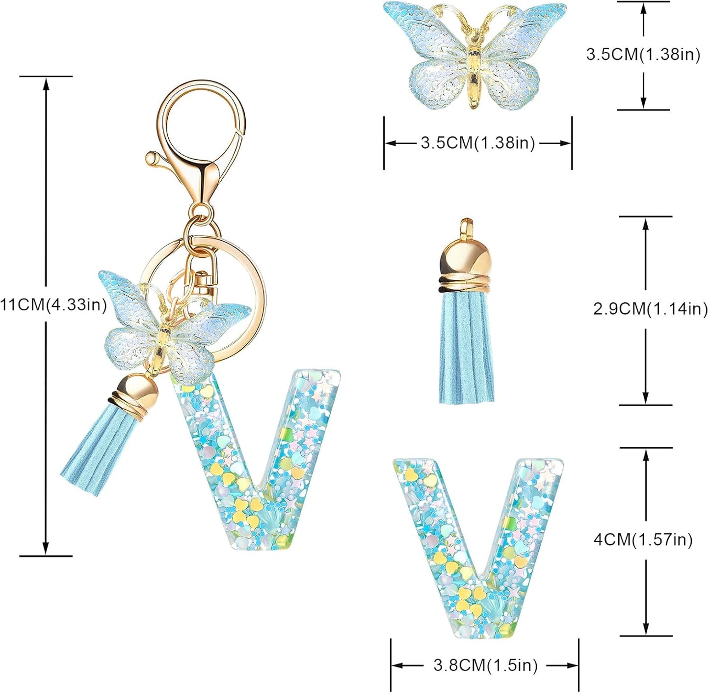 Fashion Alphabet Initial Letter Keychain Tassel Butterfly Pendant Key Ring for Purse Handbags Women Girl