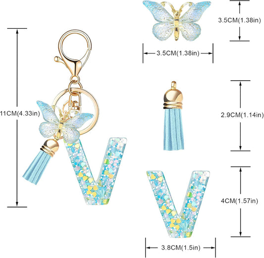 Fashion Alphabet Initial Letter Keychain Tassel Butterfly Pendant Key Ring for Purse Handbags Women Girl