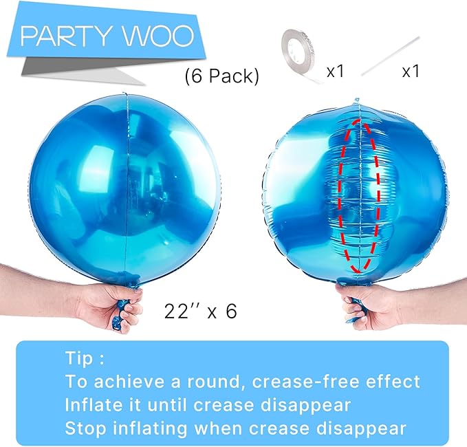 PartyWoo Light Blue Foil Balloons 6pcs 22 Inch Large Round Foil Big Giant 4D Jumbo Inflatable Mirror Ball Mylar Balloons for Graduation Men Birthday Baby Shower Gender Reveal Party Decorations