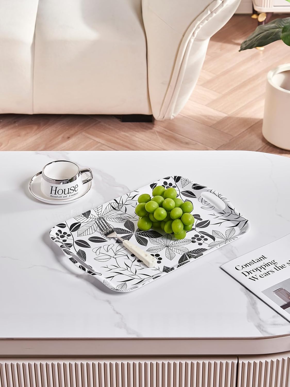 Blue Boat 16.5" x 11.5" Rectangular Melamine Serving Tray Set of 2 Black Leaves, Light Weight Easy to Clean Sturdy Stackable Serving Tray with Handle, Fruit, Snacks, and Desserts Trays, TV Trays