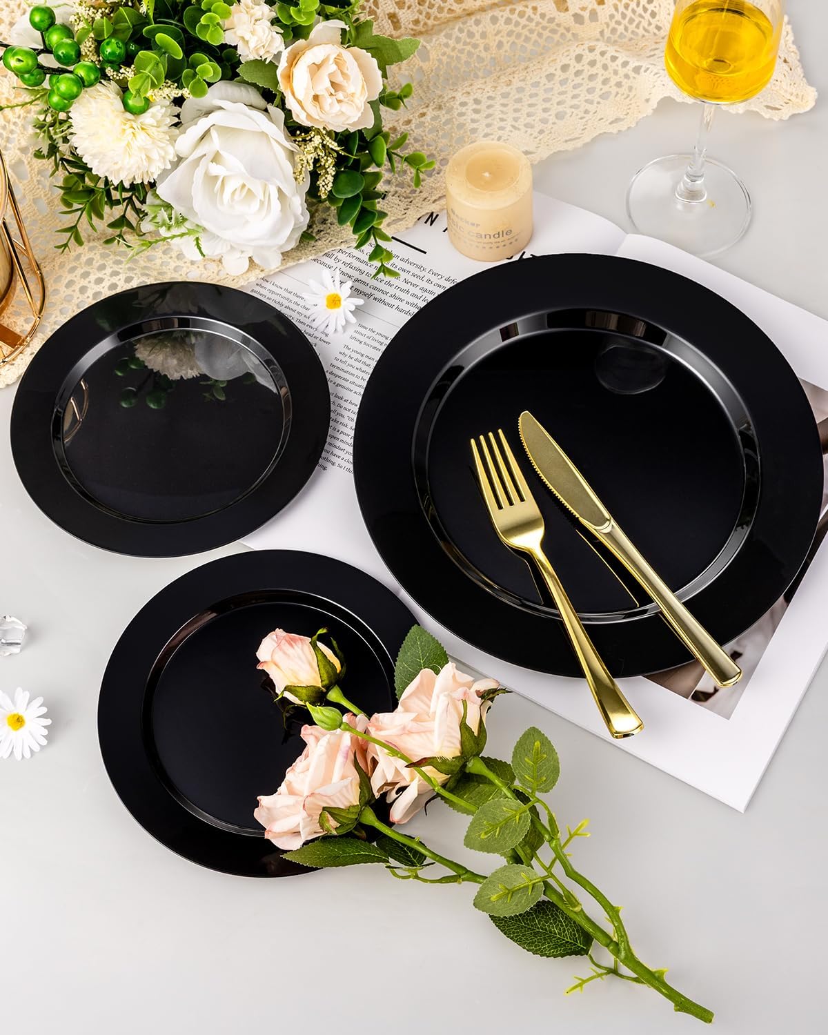 BESTVIP 200PCS Black Plastic Plates, Disposable Party Plates with 100 Dinner Plates and 100 Dessert Plates, Plastic Plates for Party, Wedding,Halloween and Birthday (Black, 200PCS)