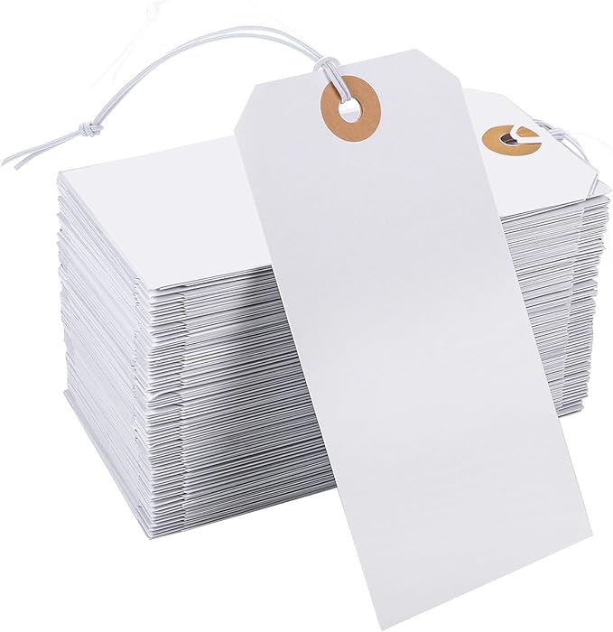 Prudiut 200pack White 4.72x 2.36inches Paper Tags with Elastic String, Reinforced Hole, for Christmas Gifts, Inventory, Writable, Gift Tags, Hang Tags