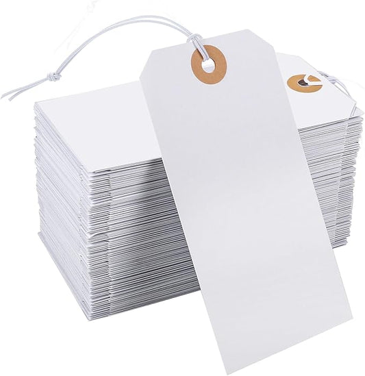 Prudiut 200pack White 4.72x 2.36inches Paper Tags with Elastic String, Reinforced Hole, for Christmas Gifts, Inventory, Writable, Gift Tags, Hang Tags