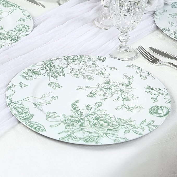 Efavormart 6 Pack Floral Acrylic Charger Plates in French Toile Pattern, White Sage Green Round Dinner Charger Event Tabletop Decor - 13"