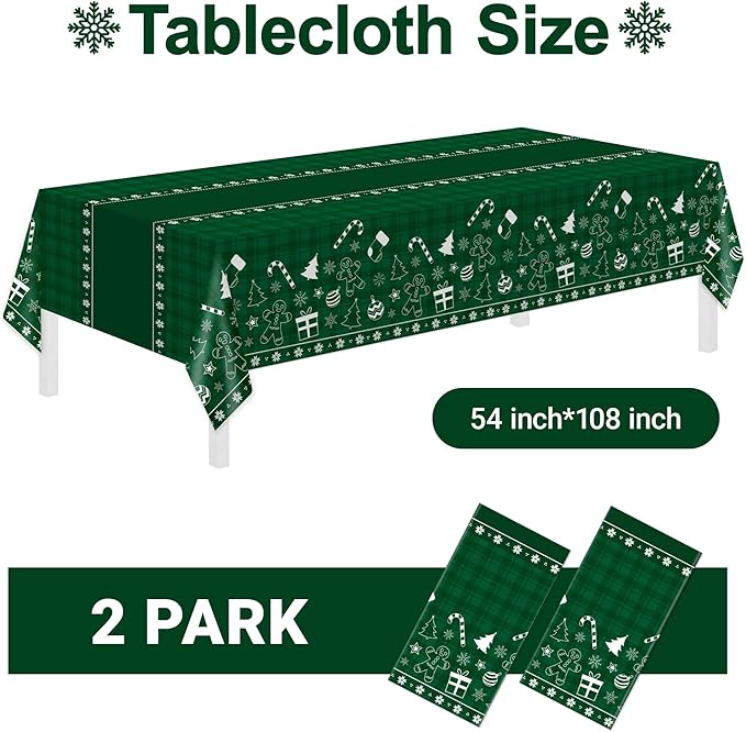 Childom 2 Pack Christmas Tablecloth Disposable,Christmas Decorations,54 x 108 Inch,Plastic Tablecloths for Rectangle Tables,Green Themed Checkered Table Covers for Xmas,Indoor,Outdoor,Birthday,Parties