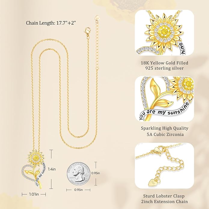 Valentine's Day Gift for Her-18k Gold Plated Sunflower Necklace for Women Wife Anniversary Birthday Gifts for Wife Her You Are My Sunshine Pendant Necklaces Gold Jewelry Gifts for Girlfriend Mom