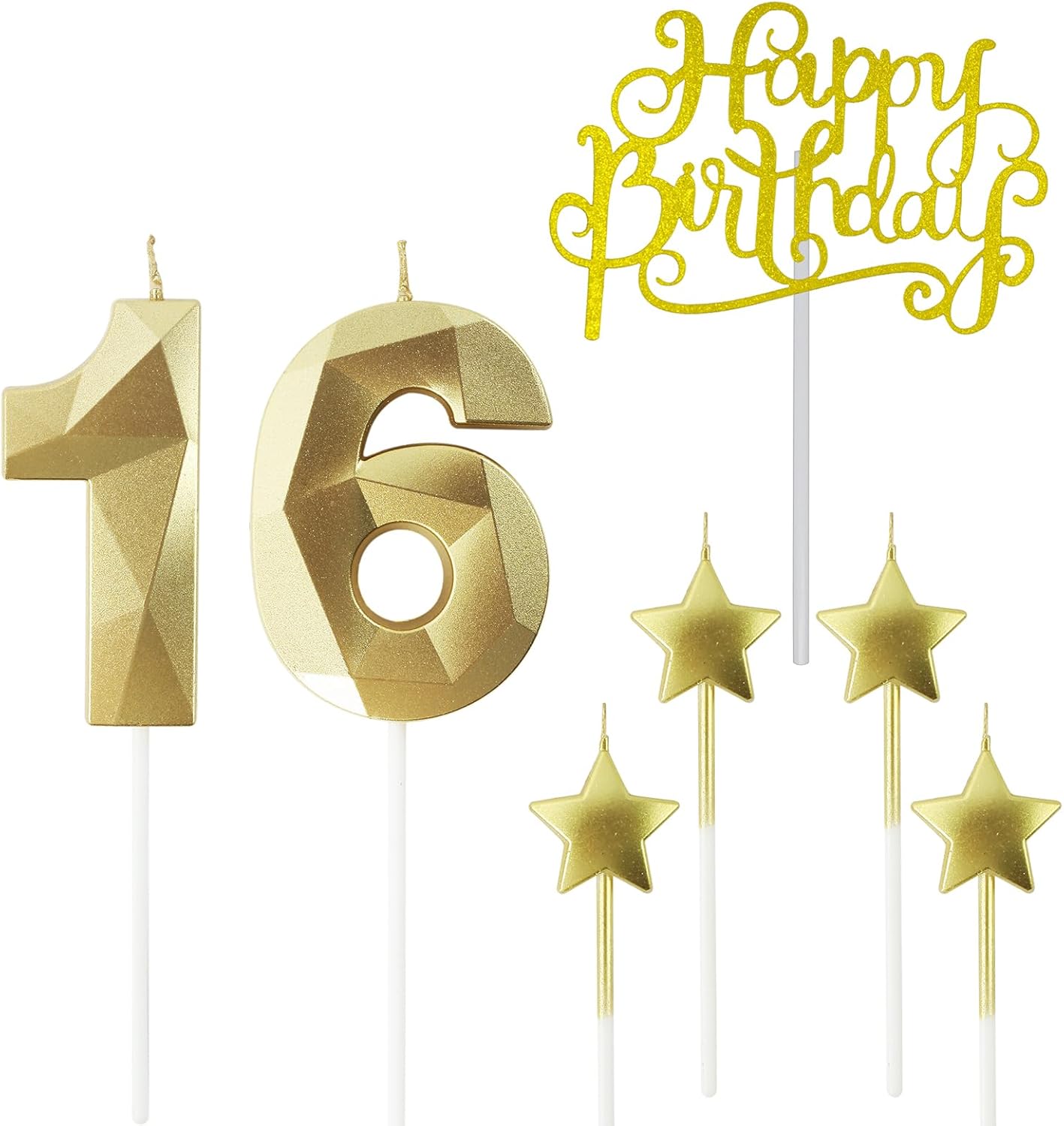 Golden Number 16 Birthday Candles and Star Birthday Candles 2.76 inch Birthday Cake Candles 3D Diamond Shaped Candles are Suitable for Birthday Parties and Anniversary Cake Decorations Candles