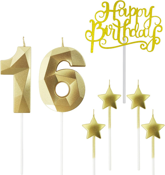 Golden Number 16 Birthday Candles and Star Birthday Candles 2.76 inch Birthday Cake Candles 3D Diamond Shaped Candles are Suitable for Birthday Parties and Anniversary Cake Decorations Candles