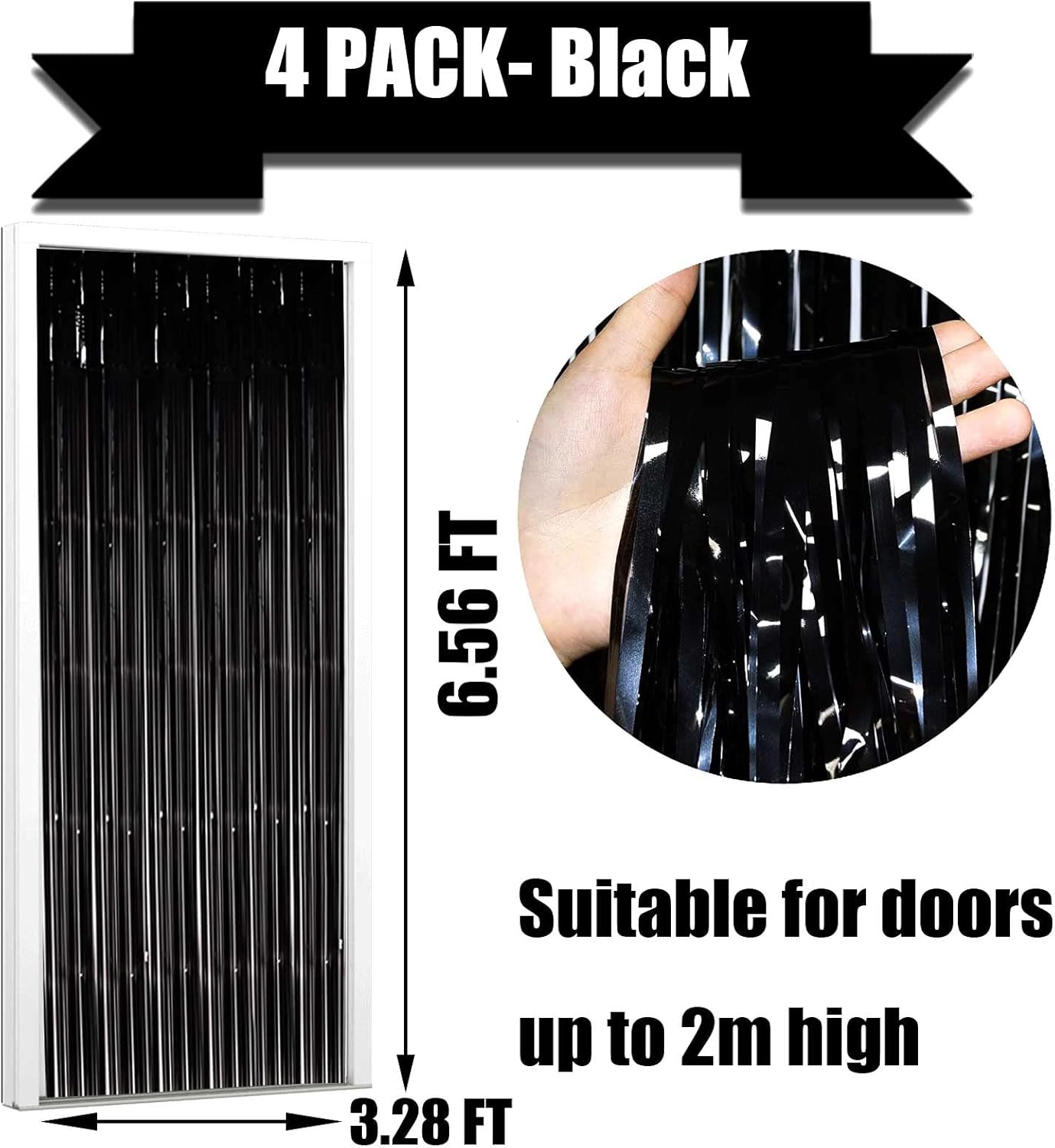 4 Pack Black Tinsel Foil Fringe Curtain Backdrop, 3.28Ft x 6.56Ft Metallic Streamers for Photo Booth Props Wedding Bridal Shower Bachelorette Birthday Halloween Christmas Party Decoration