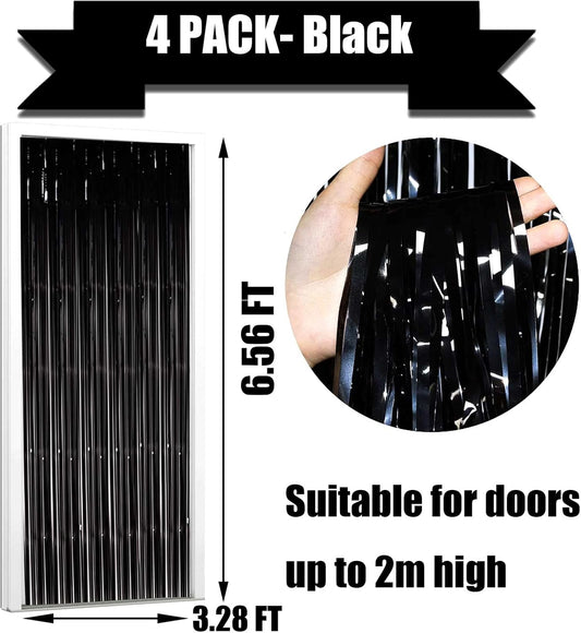 4 Pack Black Tinsel Foil Fringe Curtain Backdrop, 3.28Ft x 6.56Ft Metallic Streamers for Photo Booth Props Wedding Bridal Shower Bachelorette Birthday Halloween Christmas Party Decoration