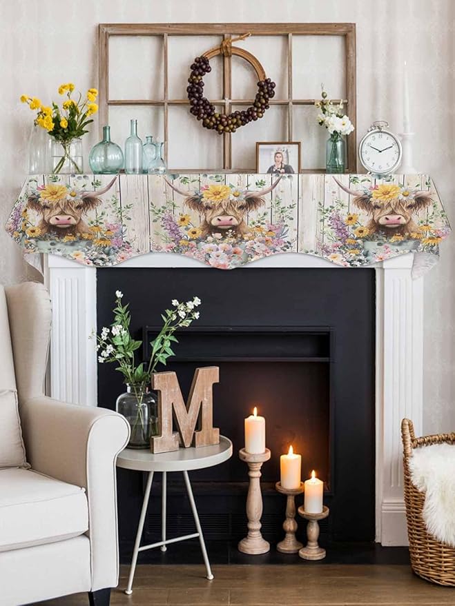 Spring Cow Floral Fireplace Mantel Scarf Table Runner, Green Eucalyptus Leaves Grey Wooden Winter Garland Mantel Top Tablerunners Dresser Scarves Cover for Windows Party Living Room 70''x17''