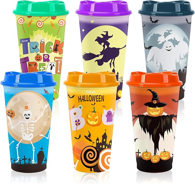 Jansun 6pcs Halloween Color Changing Cups, 16Oz Reusable Plastic Coffee Cups with Lids for Party Decorations Halloween Cups for Party Favors Supplies
