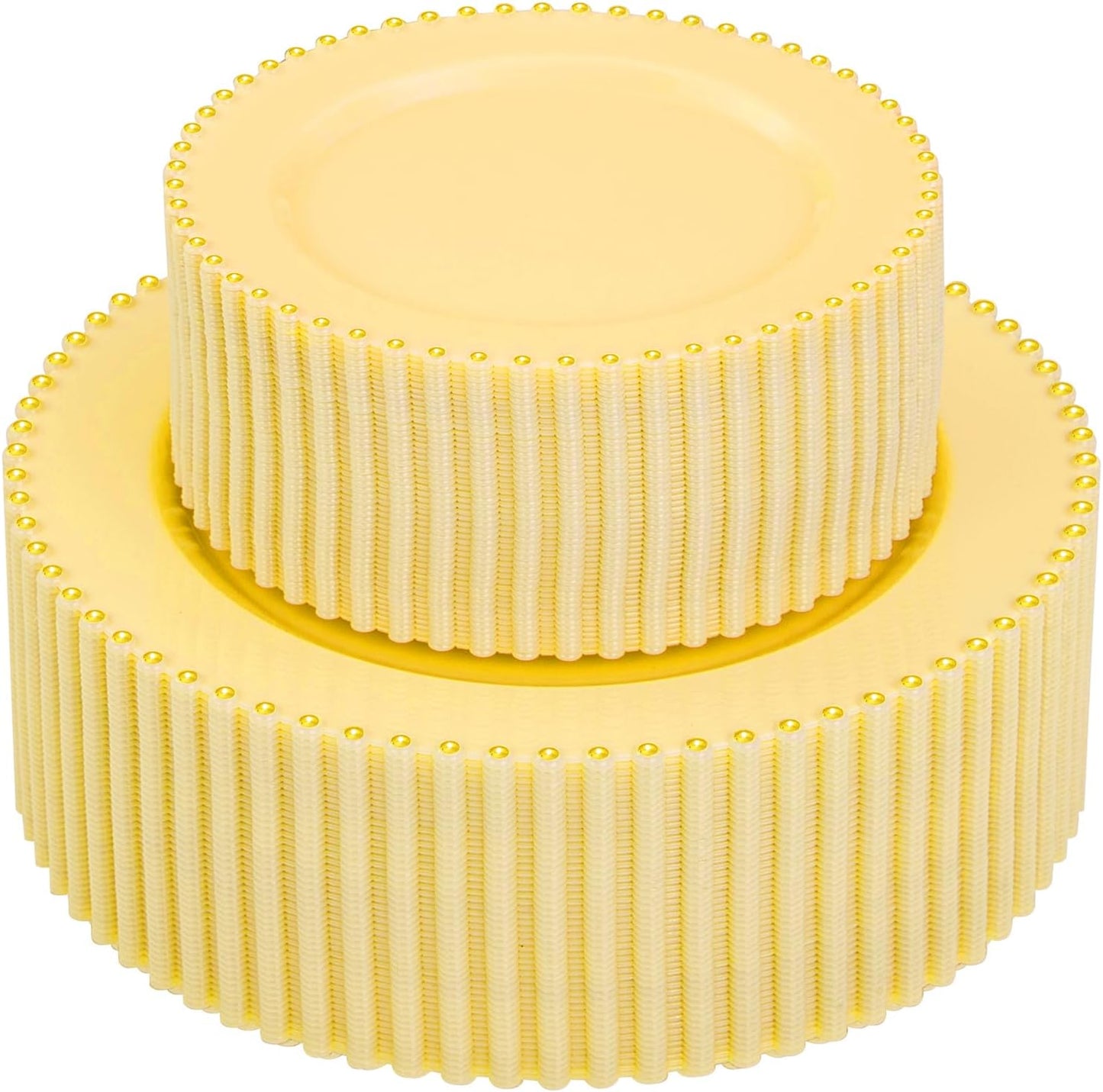 Supernal 100pcs Yellow Plastic Plates,Heavy Duty Plastic Plates,Yellow Party Decorations with Gold Beaded Including 50 Dinner Plate and 50 Disposable Dessert Plate,Pretty Disposable Platos for Wedding