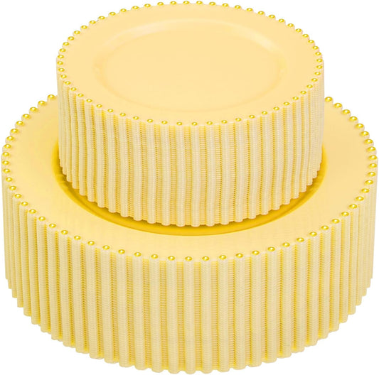 Supernal 100pcs Yellow Plastic Plates,Heavy Duty Plastic Plates,Yellow Party Decorations with Gold Beaded Including 50 Dinner Plate and 50 Disposable Dessert Plate,Pretty Disposable Platos for Wedding