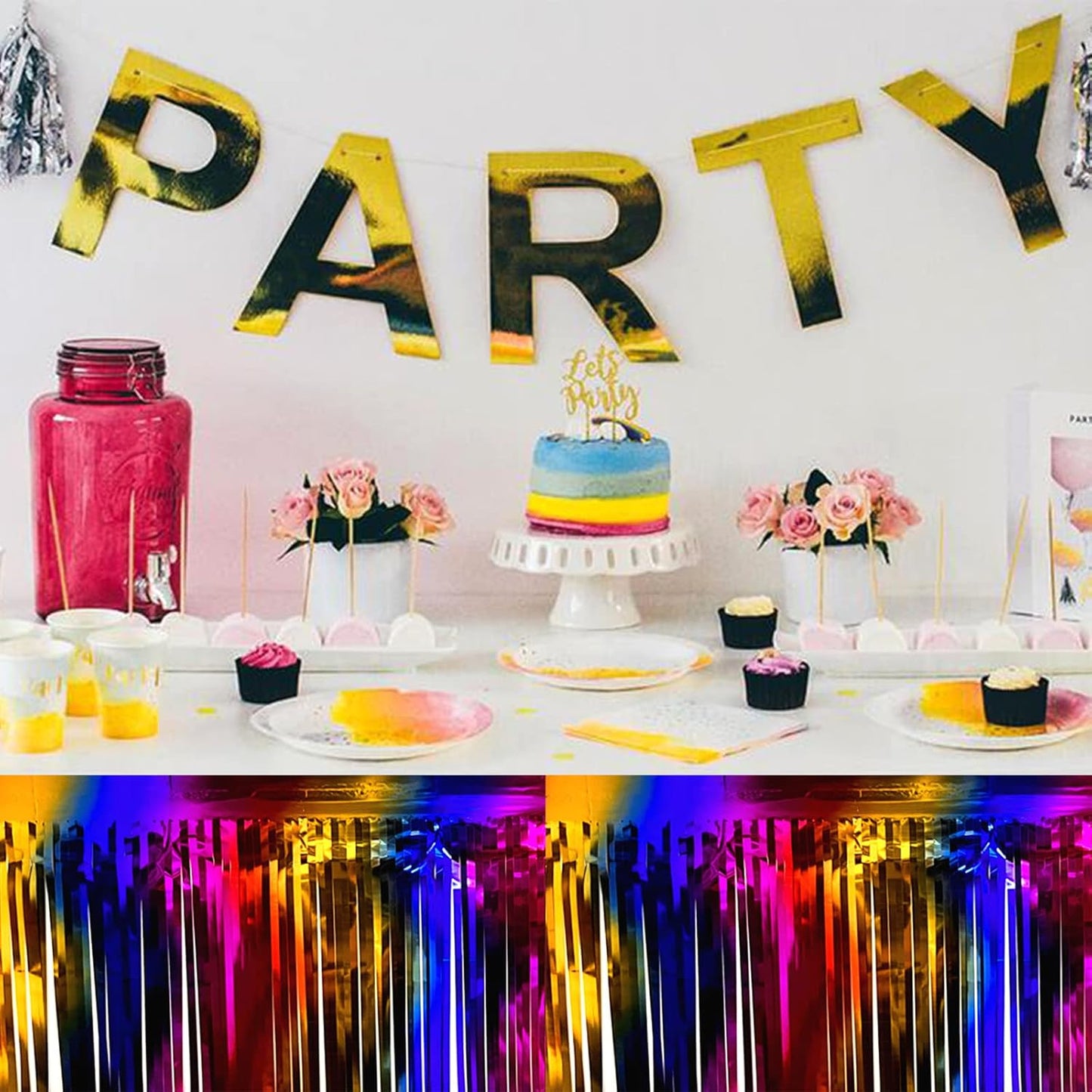 6 Pack 29x108 Inch Rainbow Metallic Foil Fringe Table Skirts Banner for Tinsel Streamer Garland Curtains Backdrop for Parade Floats Wedding Baby Shower Birthday Christmas Halloween Party Decoration