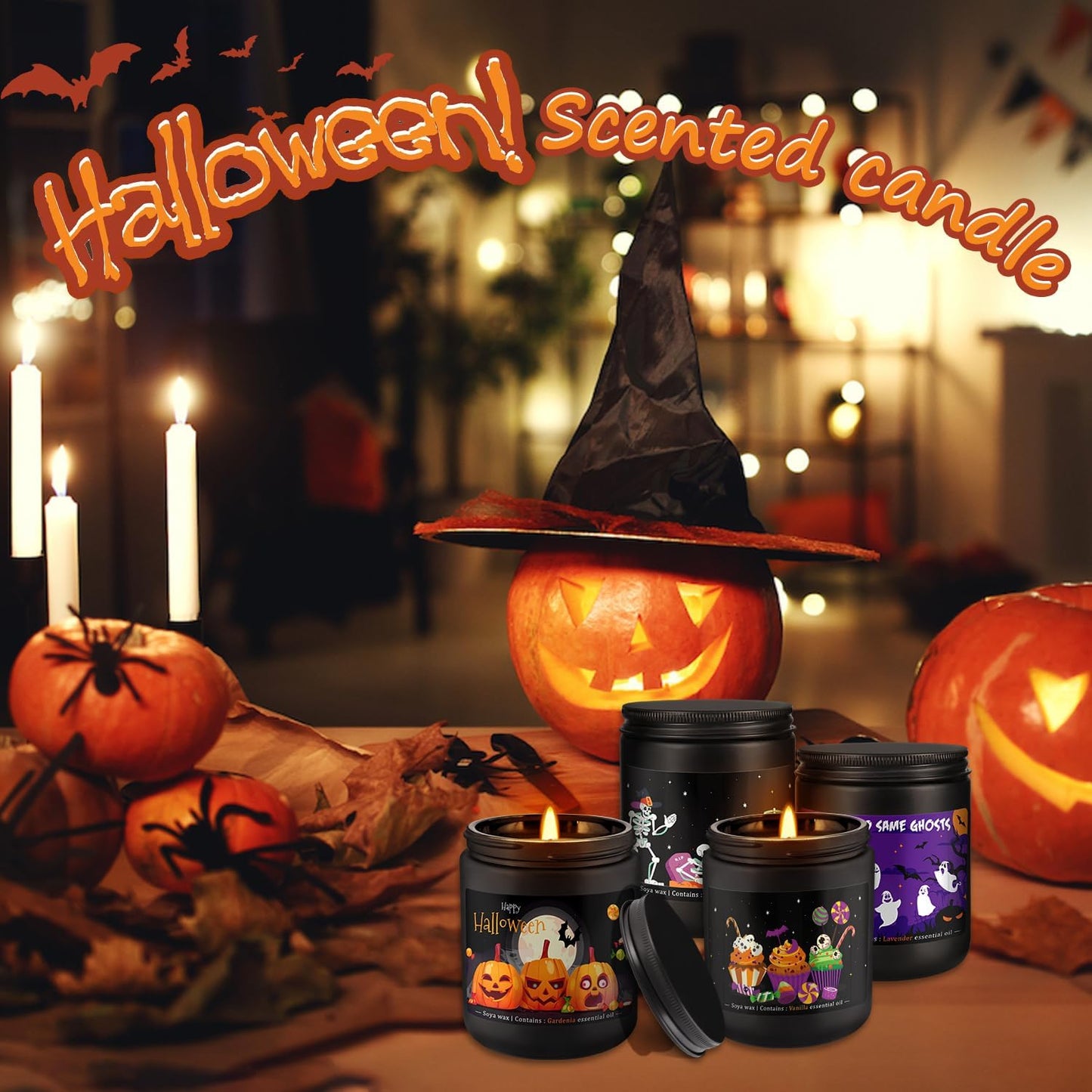Halloween Scented Candle Set, 4-Pack 7oz Soy Wax Candles with 4 Fragrances, Long-Lasting Burning for Halloween, Christmas, Home Decor, Rituals & Themed Parties.