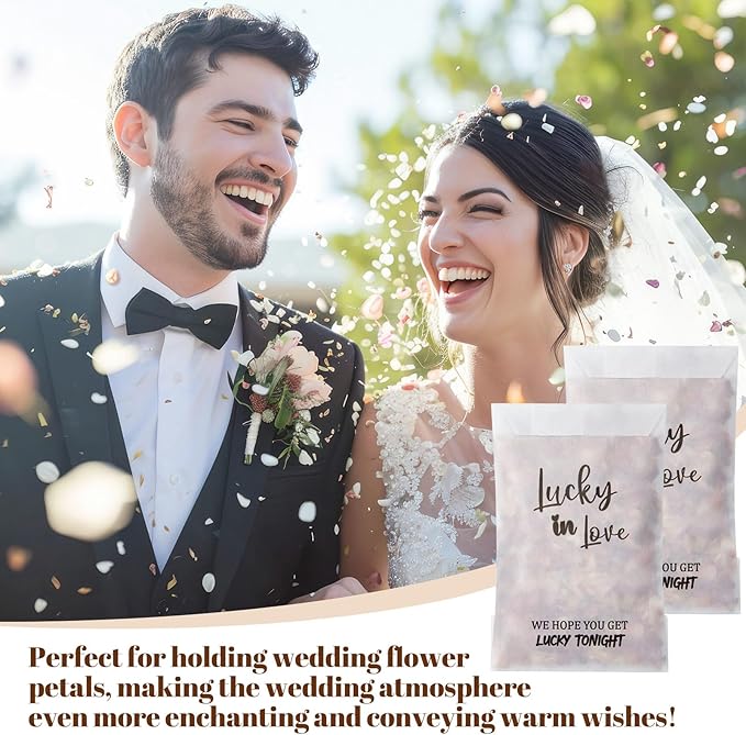 100 Pcs Wedding Confetti Bags, 2.8" x 5" Throw Flower Petal Packets Semi-transparent Glassine Waxed Paper Treat Bags for Wedding Toss, Party Decor(Lucky in Love)