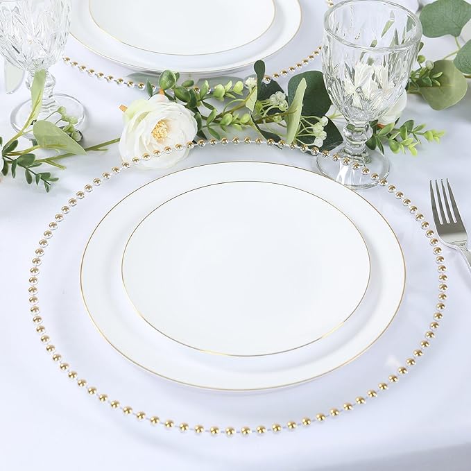 Efavormart 10 Pack Clear Gold Economy Plastic Charger Plates with Beaded Rim, Round Decorative Serving Plates - 13"