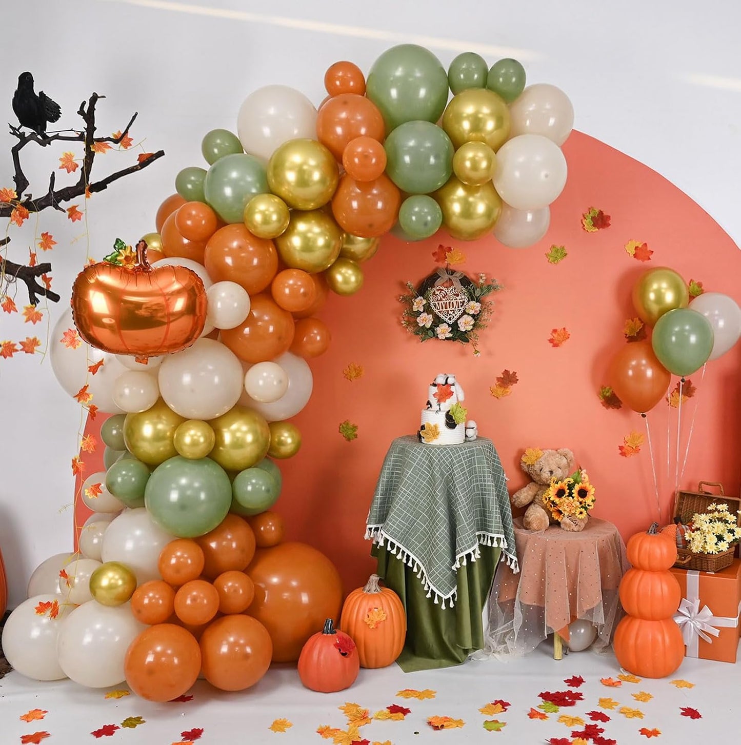 Fall Balloons Garland Arch Kit, Burnt Orange Pumpkin Foil Balloons, Orange Green Sand White Gold Balloon for Little Pumpkin Baby Shower First Birthday Thanksgiving Fall Autumn Harvest Party Decoration