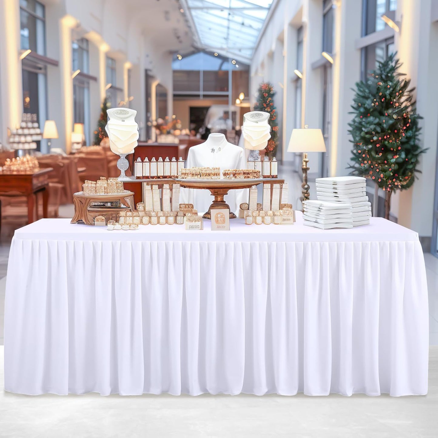 White Tablecloth Rectangle Tables 6FT, Polyester Wrinkle Free Stretch Table Skirt for Rectangle Tables 6ft Pleated Ruffle Fitted Table Cover with Skirt for Weddings Birthday Banquet Baby Shower