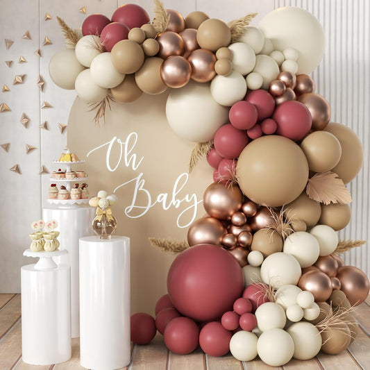 Red Brown White Gold Balloon Arch Kit, 166Pcs Boho Ruby Red Balloons Garland for Valentine's Day Wedding Bachelorette Birthday Mother's Day Graduation Party Decoration