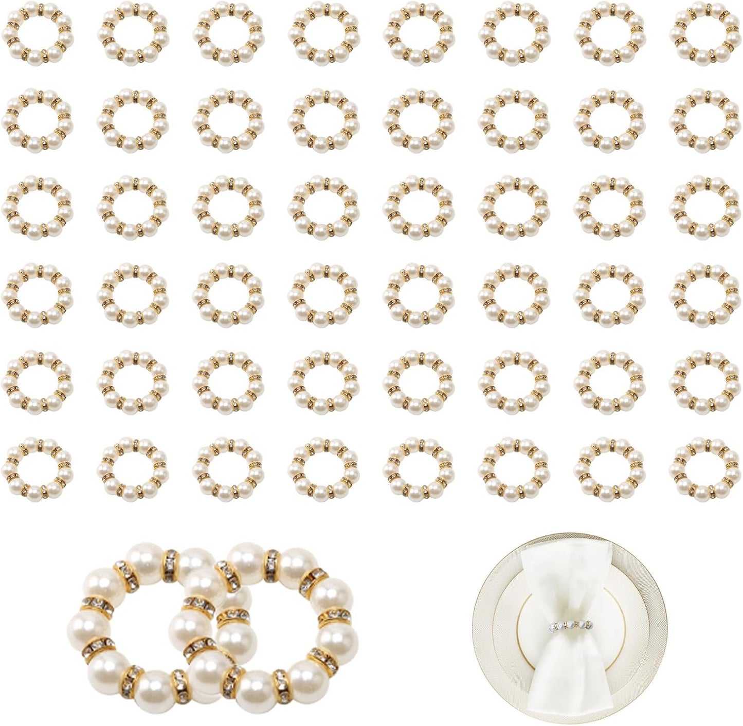 DaMohony 100pcs Pearl Napkin Rings, Golden Elastic Stretched Serviette Rings Buckle, Imitation Serviette Beaded Napkin Rings for Wedding Party Dining Table Decor