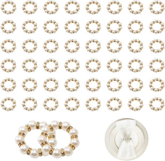 DaMohony 100pcs Pearl Napkin Rings, Golden Elastic Stretched Serviette Rings Buckle, Imitation Serviette Beaded Napkin Rings for Wedding Party Dining Table Decor