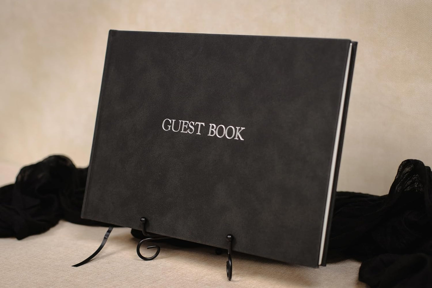 Embossed Guestbook - 11.5 x 8.5 Large Luxury Modern Cream Canvas Linen Embossed Hard Cover Guest Book for Wedding, Birthday & Events, Blank Pages (Charcoal)