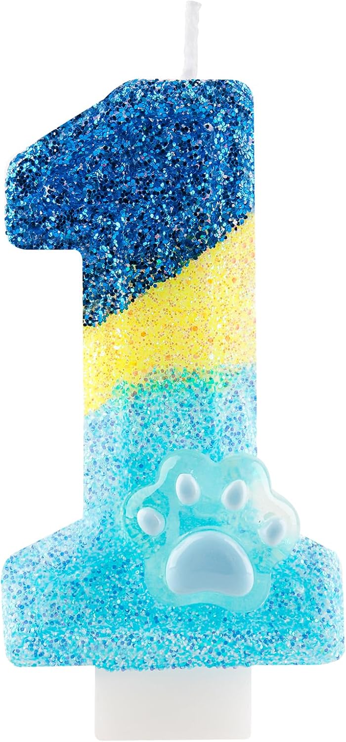 Honglus Glitter Blue Dog Paw 1 Candle for First Birthday Blue Number 1 Candle Dog Paw One Glitter Cake Topper for 1st Birthday Party Supplies Anniversary Decorations