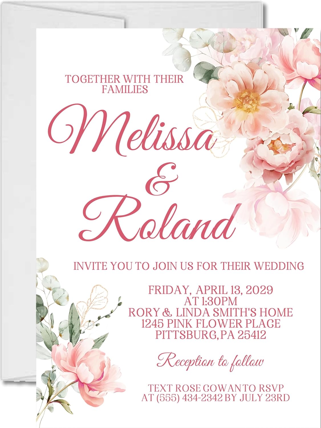 Pink & Peach Floral Wedding Invitations, Garden Design, Personalized, Set of 12 Invitations with Envelopes