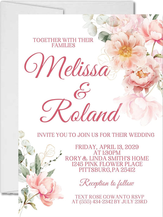 Pink & Peach Floral Wedding Invitations, Garden Design, Personalized, Set of 12 Invitations with Envelopes