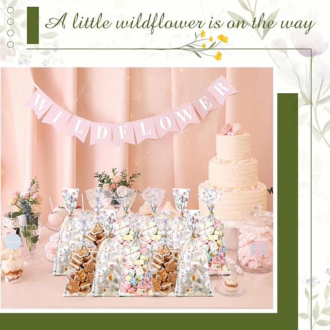 Sweetude 100 Pcs Wildflower Party Cellophane Treat Bags Floral Candy Plastic Clear Goody Bags Flat Bottom Gift supplies for Baby Shower Bridal Shower Birthday Wedding Party Favors,11 x 5