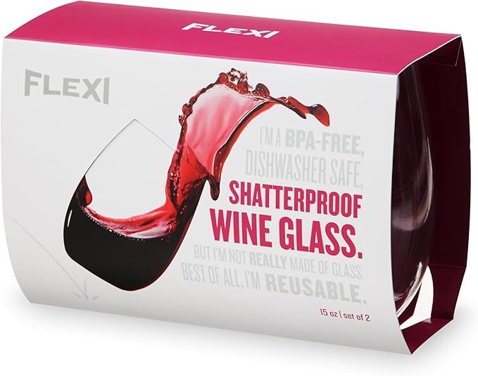 True Flexi Shatterproof Stemless Wine Glasses, Reusable and Flexible Plastic Drinking Glasses for Red and White Wines, Picnic, Camping, BBQ, Beach, Outdoor Party, Housewarming Gift, 15 oz, Set of 2