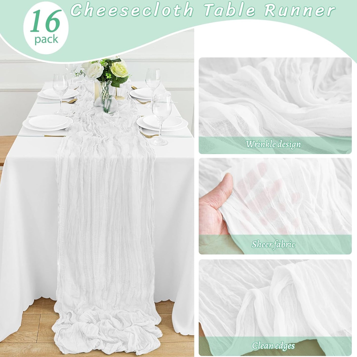 16Pack White Table Runner 10FT Cheesecloth Table Runner 35x120Inch Long Boho Cheese Cloth Table Runners Rustic Gauze Table Runners for Party Wedding Bridal Shower Baby Shower Decorations