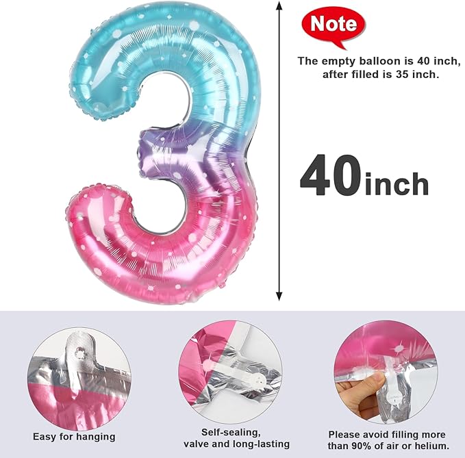 Numbers Balloon 3, 40 Inch Large Pink Purple Blue Balloon for Three Year Old Birthday Decor, 3 13 30 31 Birthday Party Decorations for Wedding Supplies