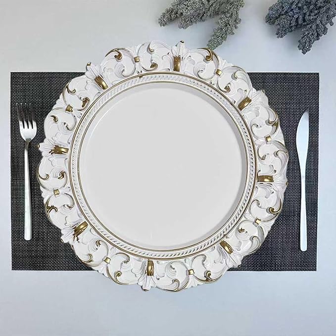 6 Pack White Charger Plates 13" Round Charger Plates for Dinning Plates with Embossed Rim Plastic Charger for Dinner, Wedding, Elegant Tableware Decor